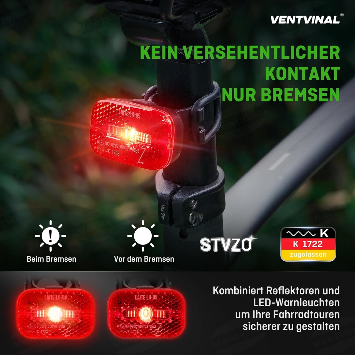 LED Fahrrad Rücklicht Bremslicht, Fahrradlicht USB Aufladbar mit Reflektor, StVZO zugelassen Fahrradbeleuchtung IPX5, Fahrrad Rücklichter mit Reflektoren Standlicht Schwarz